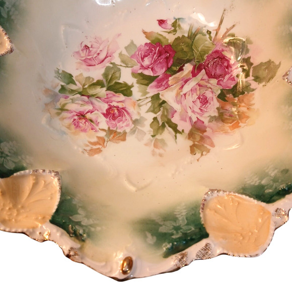 Antique 1900's RS Prussia Porcelain Large Serving Bowl Scroll Mold Pink Roses - Picture 7 of 10
